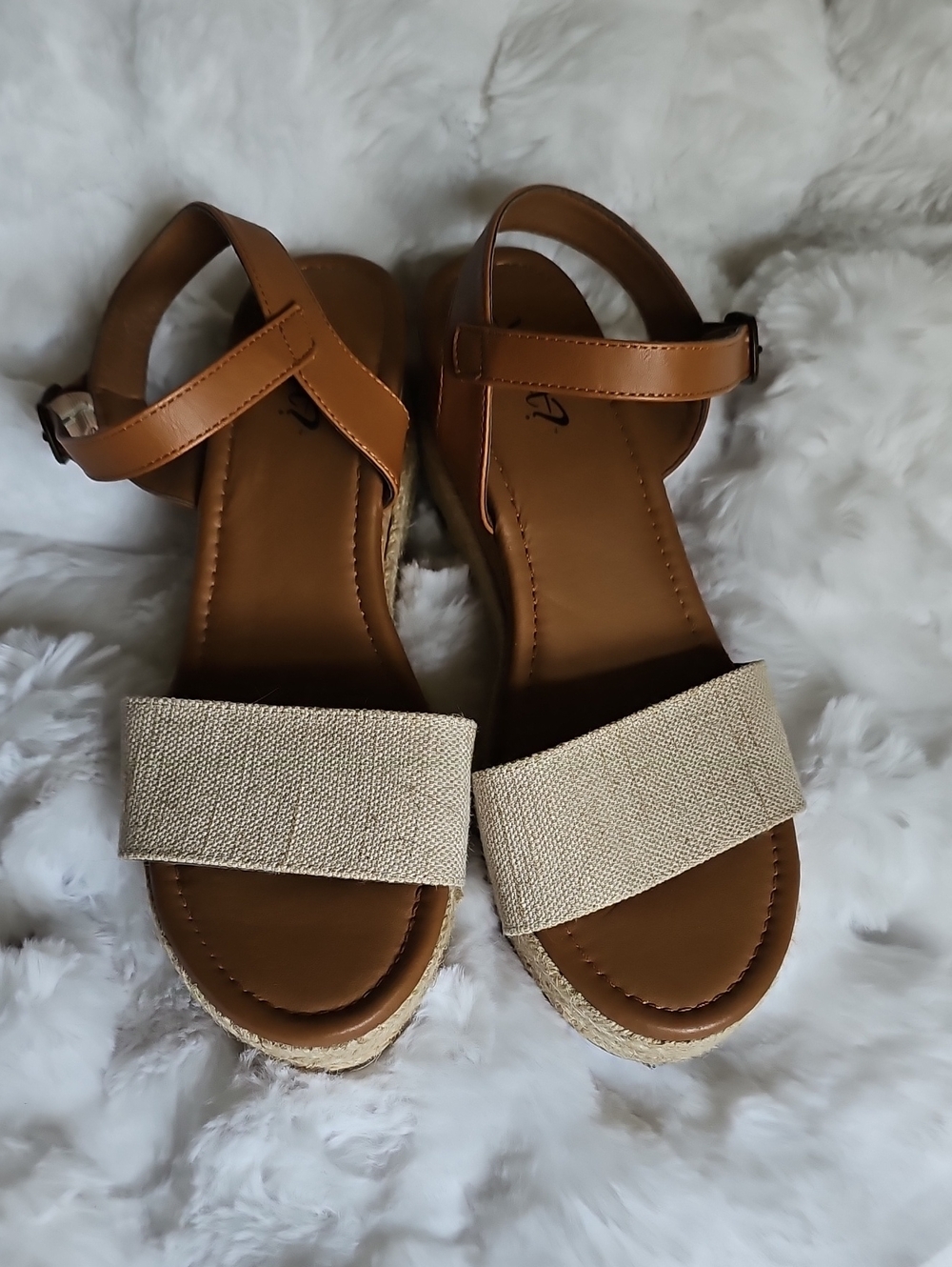 Women’s Tan Espadrille Wedge Sandals with Beige Fabric Toe Strap